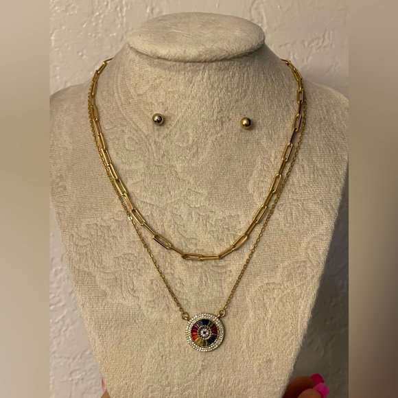 New, 18k Gold Filled Multi-layered Circle CZ Necklace and Earring Set - Picture 1 of 2